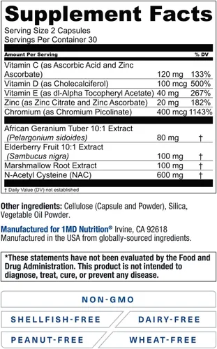 Miniatura 5 de 1MD Nutrition BreatheMD Suplemento de apoyo pulmonar y respiratorio Promueve un sistema inmunológico saludable con saúco, cromo y NAC 60