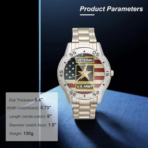 Miniatura 6 de Reloj analógico de acero inoxidable para hombre diseño especial militar veterano y bandera estadounidense diseño personalizado con caja de metal