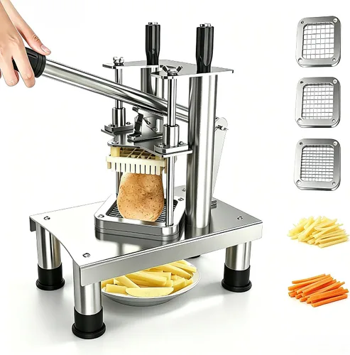 Cortador manual para papas fritas, resistente con 3 cuchillas de acero inoxidable (1/4 pulgadas, 3/8 pulgadas, 1/2 pulgadas), base de succión