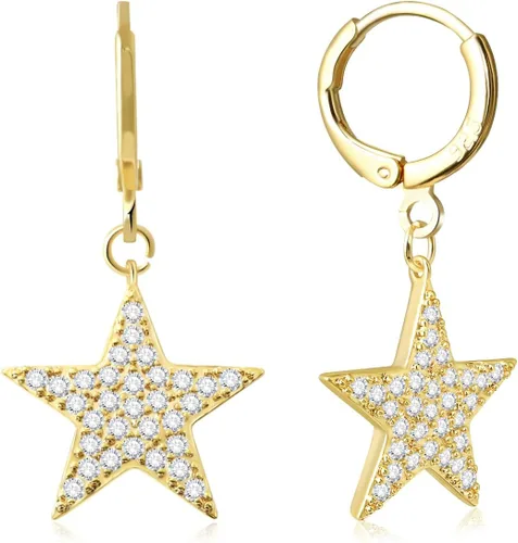 Miniatura 8 de Aretes colgantes de aro con diamantes de imitación de estrella de plata de ley 925/oro para mujeres