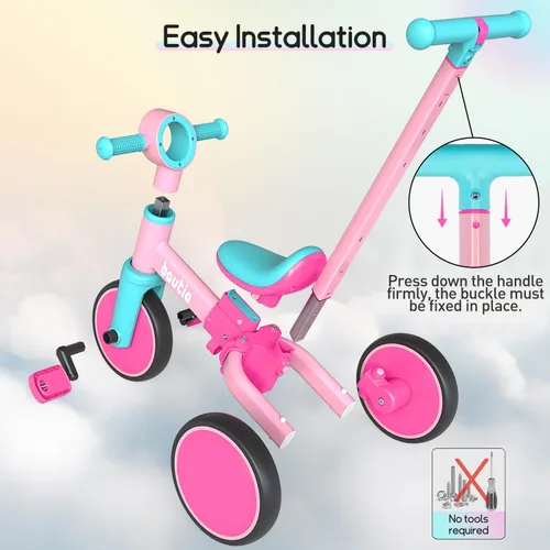 Miniatura 4 de Bautia Triciclo para niños con mango de empuje para niños pequeños de 1 a 4 años, regalo para niños y niñas, bicicleta de equilibrio 5 en 1