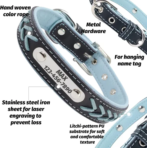 Miniatura 3 de LINMAGCO Collar reflectante personalizado para perro con campanas, estilo de cuero suave, resistente y ajustable, con placa de identificación Azul