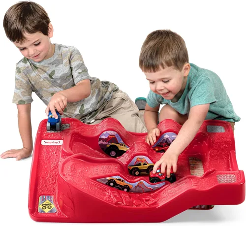 Simplay3 Monster City Extreme Wheels - Mesa de carreras de autos - Mesa de juego portátil roja de 2 caras para niños con 2 camiones Monster Race -