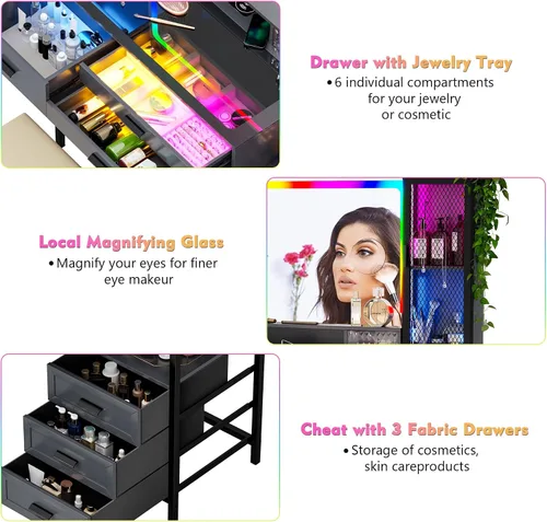 Miniatura 8 de Lvifur RGB Escritorio de Tocador - con Espejo y Luces, Juego de Mesa de Tocador con 7 Luces Dinámicas y 24 Estáticas Atenuables con Estación