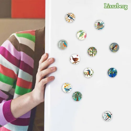 Miniatura 4 de 12 imanes de pájaros para refrigerador, imán redondo magnético de vidrio para decoración de nevera para taquilla, oficina escolar, pizarra blanca