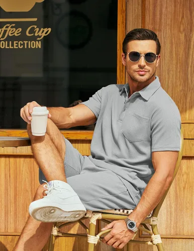 Miniatura 47 de COOFANDY Conjunto de camisa polo y pantalones cortos de punto gofre para hombre, conjunto de 2 piezas, traje de verano casual con bolsillos