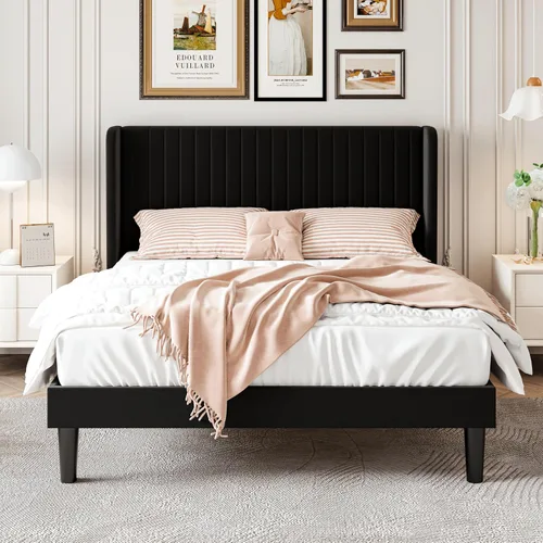 Miniatura 3 de SHA CERLIN Base de cama de terciopelo tamaño Queen con cabecera capitoné de canal vertical, plataforma tapizada con listones de madera, no necesita