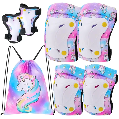 FIODAY Rodilleras para niños pequeños, rodilleras y coderas, muñequeras con bolsa de cordón, juego de equipo de protección ajustable para niñas,