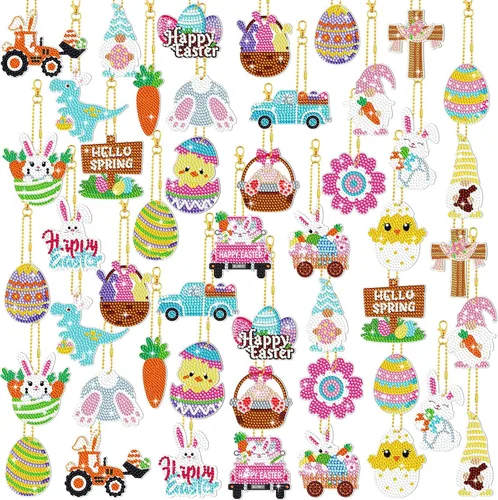 Panelee 48 piezas de llavero de arte de diamante de Pascua, kits de arte de diamantes para colgar huevos de Pascua, adornos para niños,