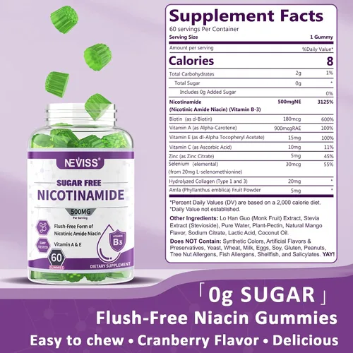 Miniatura 2 de Gomitas de nicotinamida de 500 mg (niacina libre de rubor) Suplemento de niacinamida de vitamina B3 para regeneración celular, niveles de NAD+