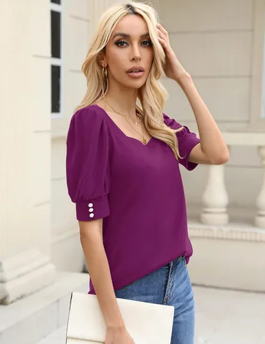 Miniatura 2 de Micoson Blusas casuales de manga corta abombada, cuello cuadrado, con puños de botón