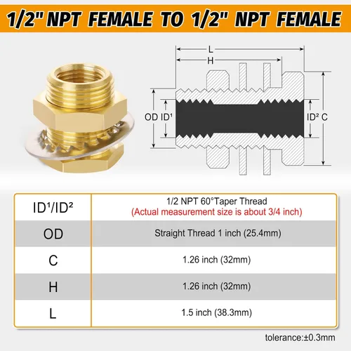Miniatura 2 de KOOTNAS Paquete de 2 Accesorios de Mamparo de Latón Macizo, 1/2 NPT Cónico Hembra 1" Rosca Macho Recta Conector de Latón con Anillo Ondulado