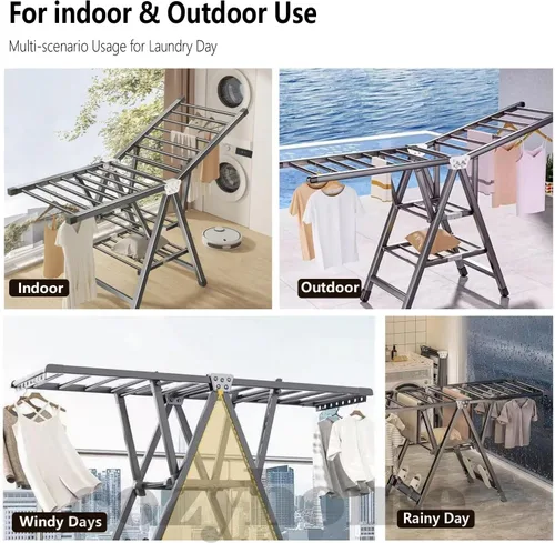 Miniatura 6 de Tendedero plegable de 71 pulgadas, con ruedas, secadora de ropa de metal resistente, diseño extragrueso de pie