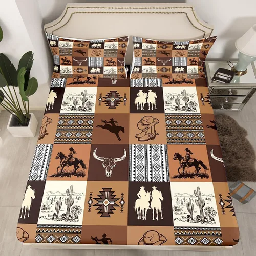 Miniatura 12 de Homewish Western Fitted Sheets Twin Size (No Flat),Retro Country Tribal Bedding Set 2Pcs,Kids Girls Boys Room Decor,Southwest Aztec Stripes Bed
