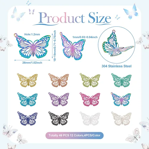 Miniatura 6 de Pandahall - 48 colgantes de acero inoxidable con diseño de mariposa y filigrana de colores, dijes de mariposa de animales, adornos de metal grabado