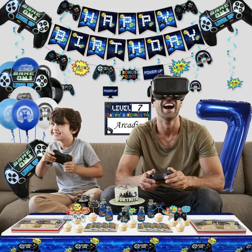 Miniatura 4 de Decoraciones de fiesta de videojuegos – Decoraciones de 7º cumpleaños para niños, pancarta de feliz cumpleaños, globos de videojuegos, globos azules
