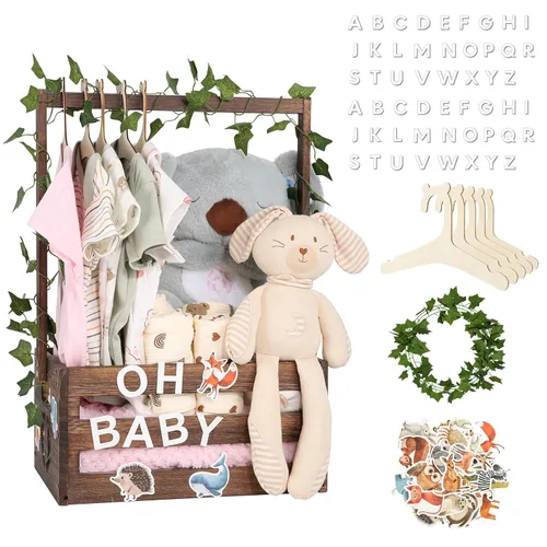 Cesta de regalo para baby shower, caja de madera, letras de madera personalizadas y perchas para ropa recién nacido, regalos para bebés, niñas y