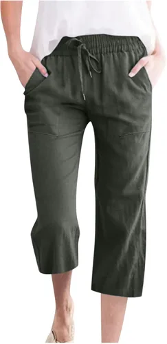 Miniatura 18 de Ceboyel Pantalones capri para mujer para verano, cintura elástica, pantalones de yoga, con cordón, pantalones de lino, pantalones de entrenamiento