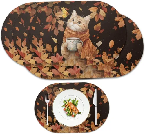 Miniatura 8 de Non Slip Placemats Set of 6 Pumpkin Mushroom Theme Waterproof Wipeable Faux Leather for Thanksgiving Family Feast Heat Resistant Dining Table Mats