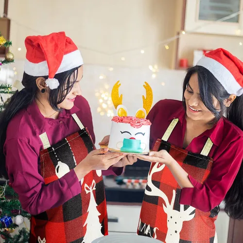 Miniatura 5 de Zhanmai 7 delantales de Navidad para mujeres y hombres, delantales de Navidad a cuadros rojos y negros, delantales de Navidad ajustables