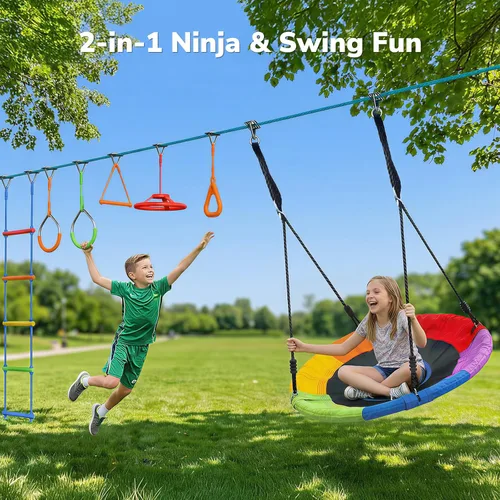 Miniatura 2 de Hapfan - Juego de columpios de curso de obstáculos Ninja Warrior de 50 pies para niños con accesorios resistentes al clima, juego de exterior
