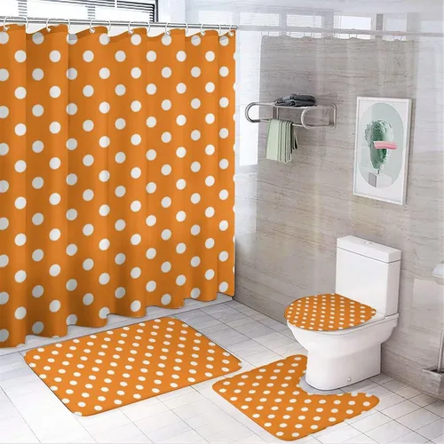 Miniatura 32 de Juego de 3 alfombras de baño con diseño de lunares, color azul aguamarina, antideslizante, con contorno en forma de U y tapa de inodoro