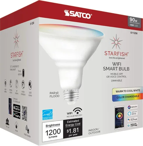 Miniatura 7 de Satco S11258 Starfish - Bombilla LED inteligente WiFi de 15 W, funciona con Siri, Alexa, Google Assistant, SmartThings, 2700K-5000K, PAR38, 1200