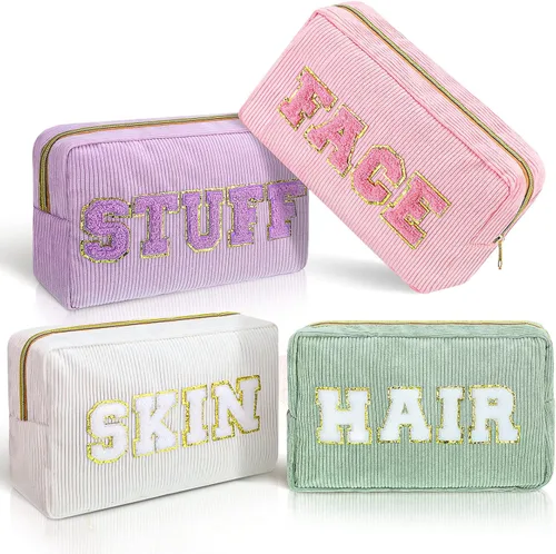 Miniatura 10 de Pinkunn 4 Piezas Bolsas de Maquillaje Preppy Bolsas de Chenilla con Letras de Viaje Organizador Facial Piel Cabello Higiene Cosmética Bolsa de Aseo