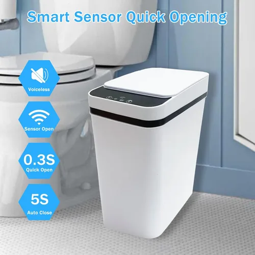 Miniatura 2 de Basurero de baño con tapa, paquete de 2 unidades, 3.2 galones, sin contacto, bote de basura inteligente, con sensor de movimiento, bote de basura