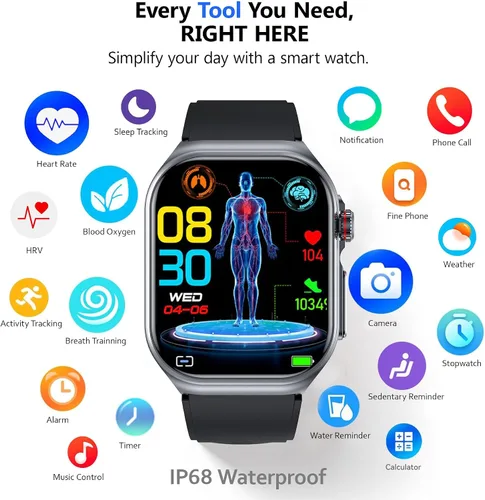Miniatura 7 de Reloj inteligente para adultos y personas mayores, pantalla grande de 1.87 pulgadas fácil de leer, llamadas Bluetooth, frecuencia cardíaca y SpO2