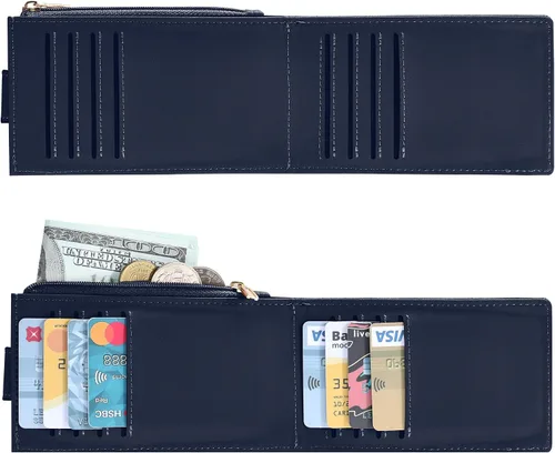 Miniatura 5 de Chelmon Billetera de mujer delgada con bloqueo RFID plegable multitarjetas con bolsillo con cremallera, Azul marino, Talla única, Minimalista