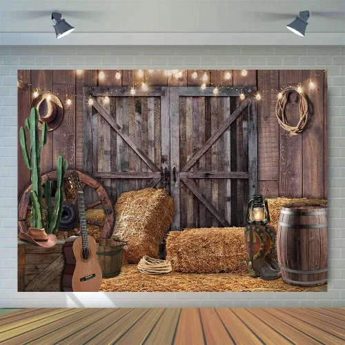 Miniatura 3 de Telón de fondo con tema de vaquero occidental para fotografía, puerta de granero rústica con balas de heno, cactus, luces de cuerda de guitarra