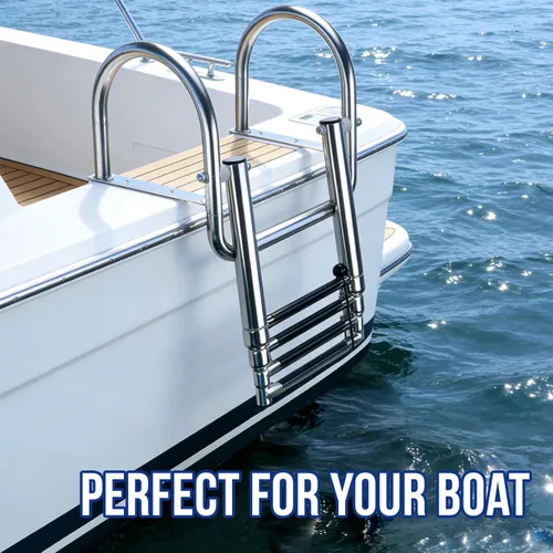 Miniatura 5 de Escalera para barco pontón de acero inoxidable de 4 escalones, resistente plegable y telescópica para entrada trasera, con barandilla de mano