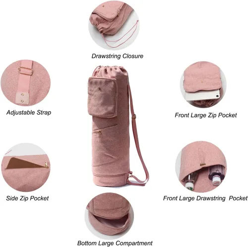 Miniatura 4 de ESVAN Bolsa para esterilla de yoga con múltiples bolsillos. Bolsa de transporte con cordón para esterilla de yoga, Pilates, ejercicio. Bolsa de Lino
