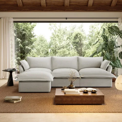 Miniatura 39 de Sofá modular de mezcla de lino para sala de estar, cómodo sofá modular con relleno de plumón, moderno sofá cama convertible con asiento profundo