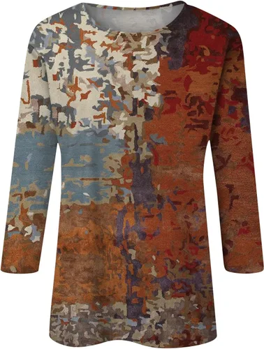 Miniatura 41 de Camisetas de manga 3/4 para mujer, cuello redondo, holgadas, casuales, con estampado floral, camisetas de moda para el trabajo de negocios