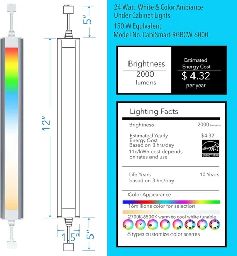 Miniatura 9 de Tira de luces inteligentes para debajo del gabinete, color blanco y cambio de color, regulable, funciona con la aplicación de teléfono inteligente