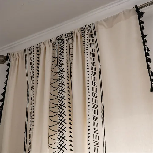 Miniatura 99 de Deeprove Cortinas bohemias para dormitorio, rayas huecas de ganchillo crema y estampado floral, tela de lino de algodón, con borlas beige bohemias