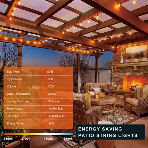 Miniatura 7 de Kawaya Guirnalda de luces para patio al aire libre: luz LED de 25 pies para patio exterior con 12 bombillas vintage inastillables - 2700 K regulable