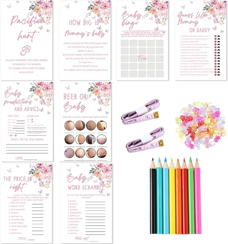 Miniatura 8 de Honoson Juego de 279 piezas de juegos de baby shower con lazo azul para 50 invitados, 8 juegos incluyen Adivina mamá o papá, revuelto de palabras