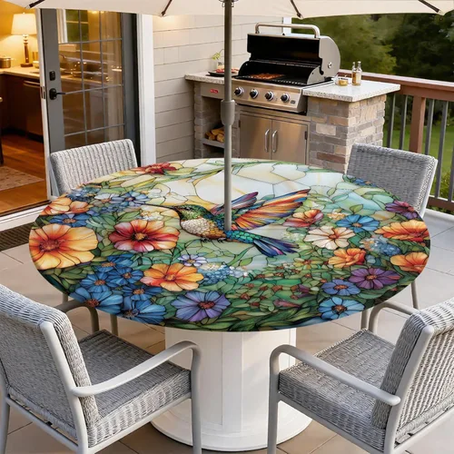 Miniatura 7 de Mantel para exteriores con agujero para sombrilla y cremallera, impermeable, redondo, ajustable con borde elástico, mantel lavable para mesa al aire