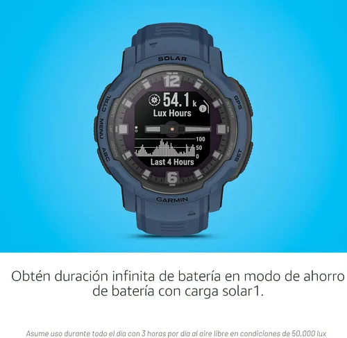 Miniatura 6 de Garmin Instinct Crossover Solar, reloj inteligente híbrido resistente con capacidad de carga solar, manecillas analógicas y pantalla digital, azul