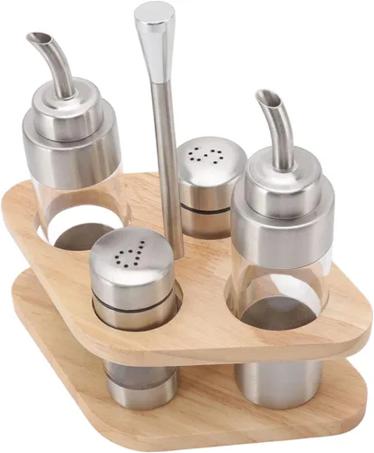 Miniatura 9 de Cyrank Juego de salero y pimienta, dispensador de aceite de oliva y vinagre con soporte de madera, dispensador de especias de vidrio para el hogar