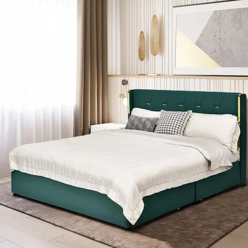 Miniatura 7 de Giantex Base de cama tapizada con 4 cajones, cama de piel sintética de tamaño matrimonial, marco de cama resistente sin ruido, fácil montaje, sin