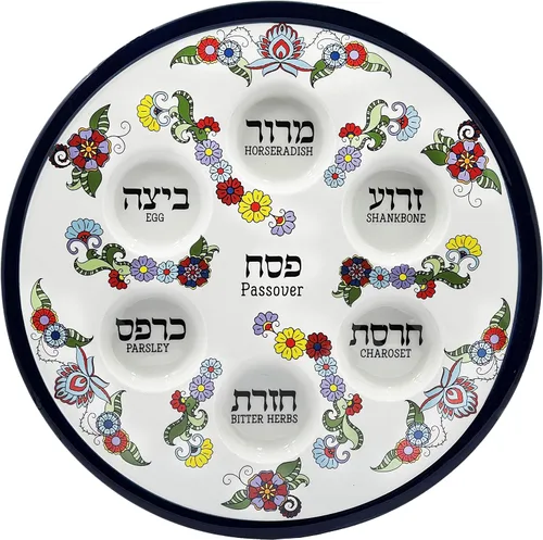 The Dreidel Company Plato de cerámica Seder con diseño renacentista para Pascua, 12 pulgadas de diámetro, color azul (diseño floral turquesa)