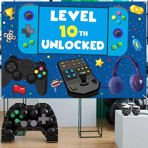 Miniatura 6 de Cartel de nivel 10 desbloqueado para cumpleaños número 10, telón de fondo, decoración temática de videojuegos, decoración para niños y niñas