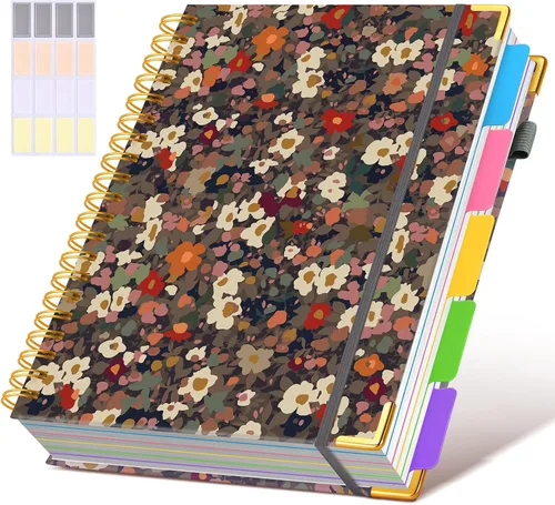 Miniatura 30 de Cuaderno universitario de espiral con tapa dura de cuero de 8 x 10 pulgadas, con pestañas separadoras extraíbles, para 5 materias, a rayas; diario