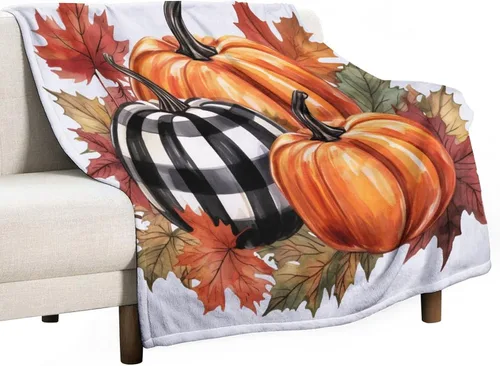 Miniatura 22 de Manta de lana cuadriculada con diseño de calabaza, hojas de arce, Acción de Gracias, manta de cama para otoño, Acción de Gracias, ligera, súper