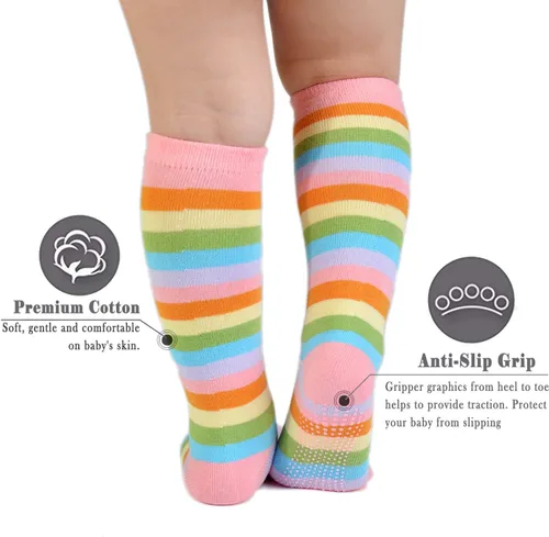 Miniatura 3 de EPEIUS Calcetines altos hasta la rodilla con rayas de arco iris para bebé, calcetines de tubo antideslizantes para uniforme de fútbol para niños