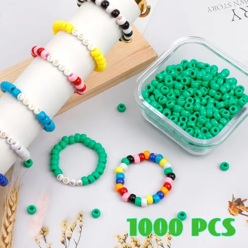 Miniatura 5 de 1000Pcs Cuentas de Pony 9mm Verde Plástico Barril Cuentas de Pony para Collar, Cuentas de Pelo para Trenzas, Cadena de Llavero, Fabricación